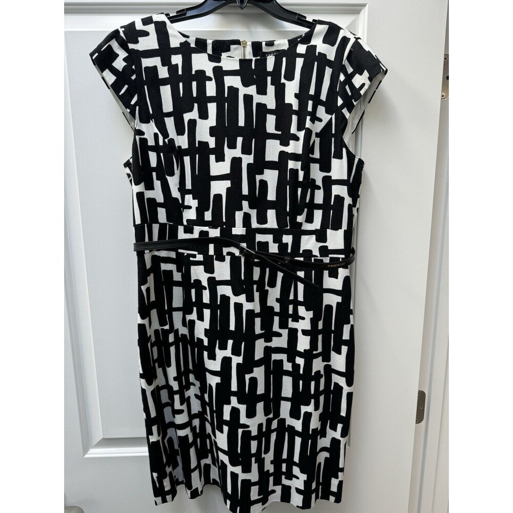 Tahari Arthur Levine Dress Black/White Geometric‎ Belted Women’s Size 16